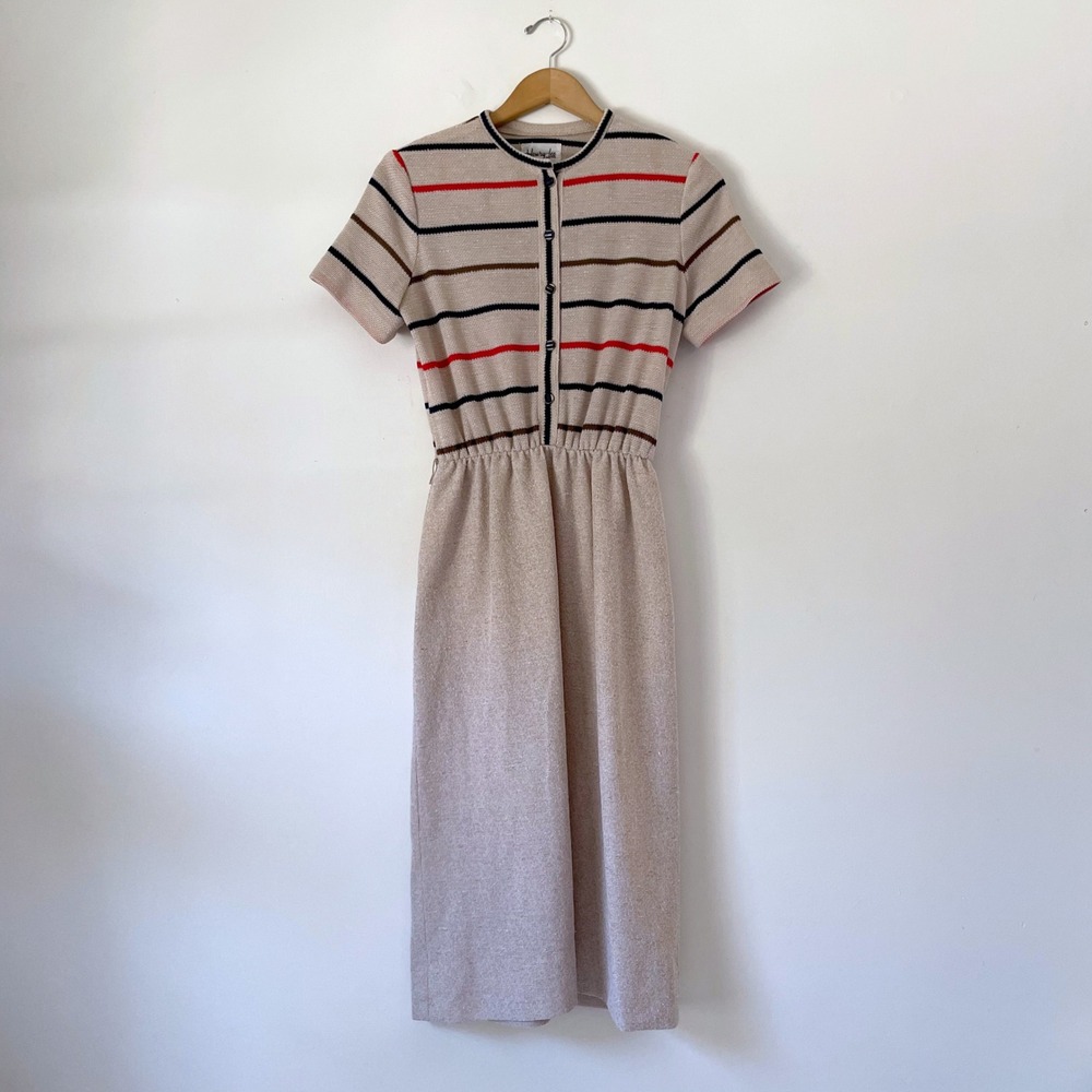 Vintage Knit Midi Dress Striped Beige Sz Small Retro Twee Teacher 70s 80s